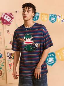Paul Frank X SHEIN Men's Striped & Cartoon Graphic Round Neck Short Sleeve T-Shirt