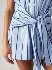 AiiRZ Vestido camisero corto de rayas casual con botones, nudo lateral, manga corta, cuello, para verano, primavera, vacaciones, playa, resort, de algodón