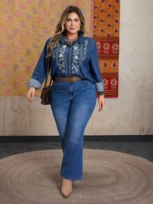 EMERY ROSE Plus Size Women Casual Embroidered Denim Blouse Fall Cloth For Women - Dark Wash - View 5