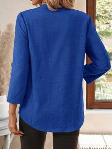 EMERY ROSE Áo sơ mi công sở cổ khoét họa tiết hoa mùa xuân cho nữ tay 3/4 - Màu xanh hải quân - Xem 2