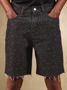 SUMWON Sparkle Pattern Frayed Hem Bermuda Distressed Denim Shorts Festival Summer Beach Cotton Casual Street Style Raw Cut Off Shorts