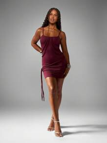 MISSGUIDED Burgundy Mini Bodycon Dress Plaited Rope Detail Spaghetti Strap Form Fitting Club Night Party Holiday Special Occasion Winter Fashion - Burgundy - View 6