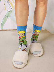 LE PETIT PRINCE X SHEIN 3 đôi tất dài đến bắp chân mềm mại, thoáng khí, thấm hút mồ hôi, thường ngày cho nữ, màu hồng và xanh dương, thời trang và dễ thương, mũi và gót được gia cố để bền bỉ trong mọi mùa, phù hợp với mọi phong cách, mặt trăng và ngôi sao - Nhiều màu - Xem 10