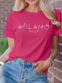 SHEIN LUNE 女款 MILANO ITALY 字母印花 T 恤短袖休闲上衣 MILAN ITALY 图案 T 恤女款上衣