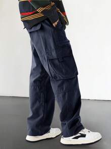 Men Loose Flap Pocket Side Cargo Pants, Men Navy Blue Cargo Pants, Men Cargo Pants With Multiple Pockets, Men Baggy Cargo Pants, Men Relaxed Fit Cargo Pants - Navy Blue - View 5