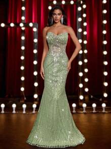 Glamrae 奢华串珠紧身胸衣，胸部褶饰，腰部手工装饰，可调节系带后背，美人鱼轮廓正式晚礼服（重装饰） - 綠色 - 查看 6