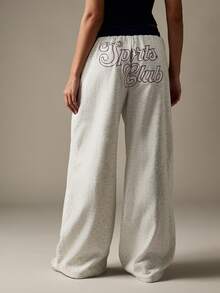 MISSGUIDED 女式阔腿运动裤运动俱乐部图案设计休闲家居裤混色撞色腰带抽绳舒适家居服街头时尚秋冬 - 淺灰色 - 查看 1