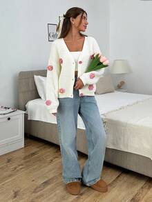 EURMUSE Women's Casual Drooped Shoulder Loose Hand Embroidered Floral Knit Cardigan - Beige - View 6