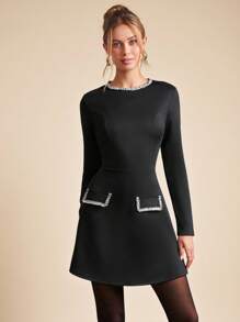 SHEIN Clasi 女士圆领长袖拼色简约休闲短款连衣裙 - 黑色 - 查看 1