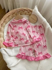 Baby Girls Sweet And Simple Bow Pattern Lapel Buttoned Ruffles Decoration Long Sleeves And Long Pants Comfortable Skin-Friendly Knitted Pajamas Set Two Pieces - Baby Pink - View 8