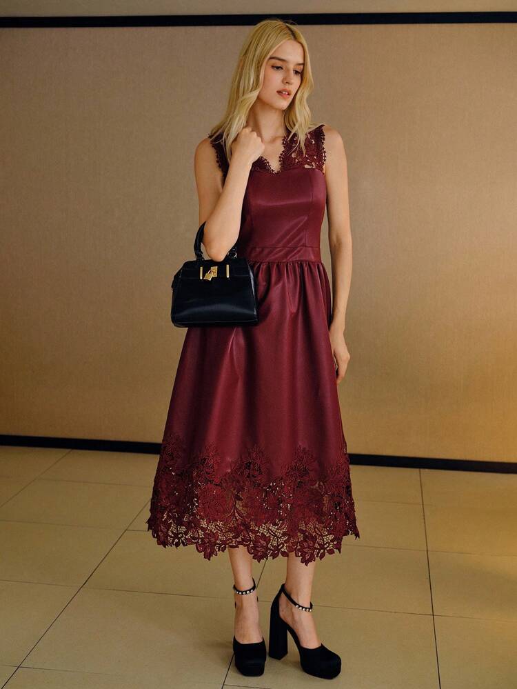 PU LEATHER CONTRAST LACE DRESS