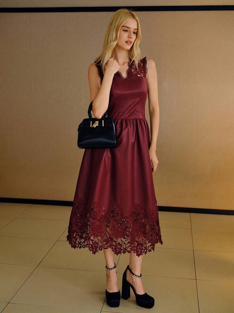 PU LEATHER CONTRAST LACE DRESS