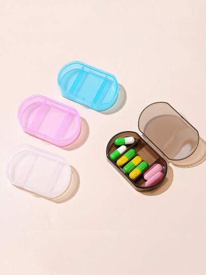 1pc Mini Transparent Pill Box With Three Compartments, In Blue, Transparent, Pink And Coffee Colors, Portable Accessories Storage