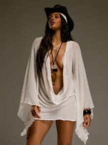 MUSERA 超低胸针织长袖迷你连衣裙，西部乡村风，秋季街头服饰，节日优雅，Y2K性感可爱，90年代波西米亚风，中西部派对，夏季新娘单身派对，告别单身，婚礼 - 杏色 - 查看 1