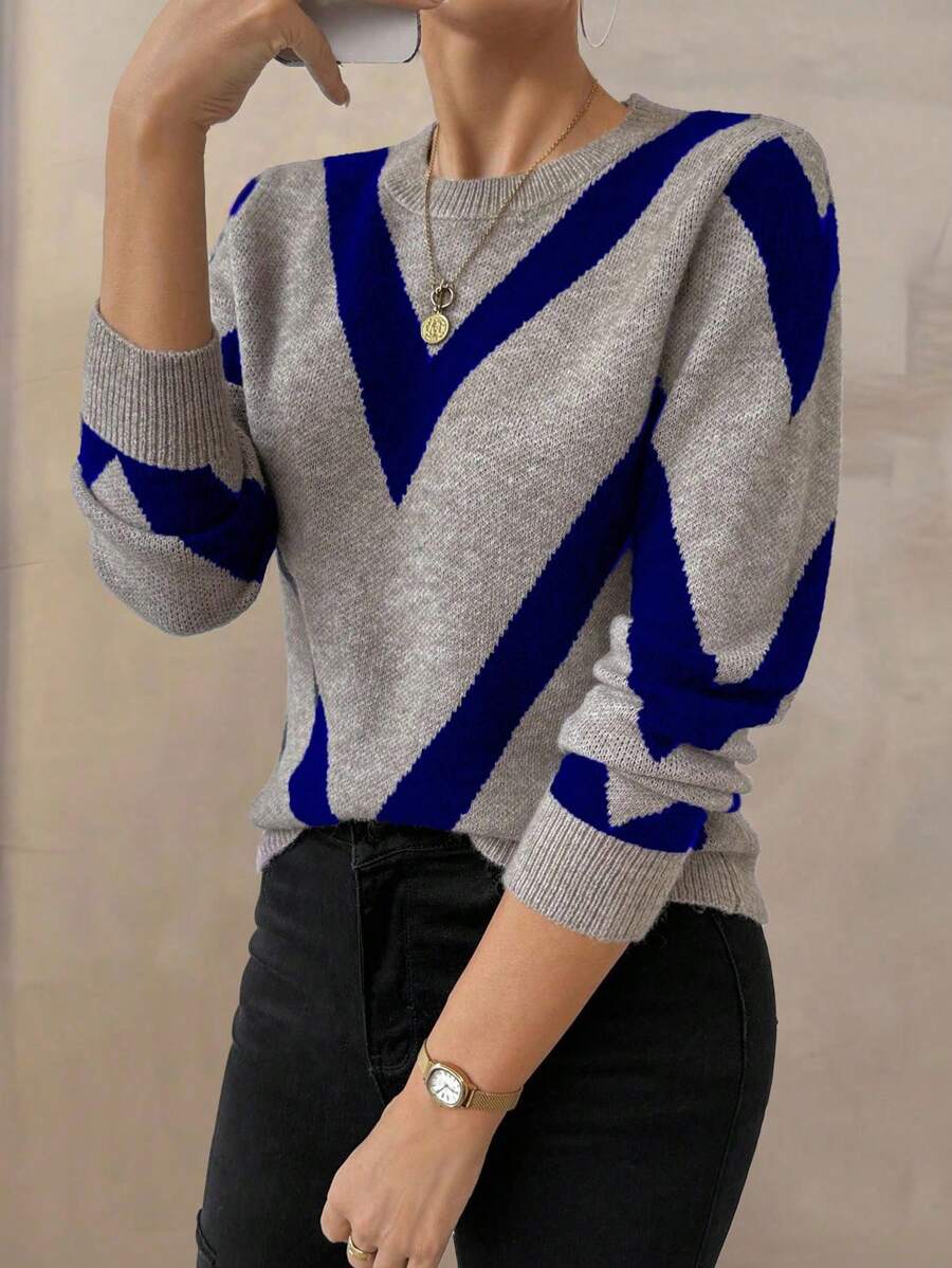 EMERY ROSE 2024 Autumn/Winter New Arrival Geometric Striped Pullover Sweater Knit Pullover Fall - Multicolor - View 1