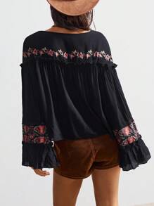 Bohemela Vacation Casual Embroidered V-Neck Blouse For Women - Black - View 6