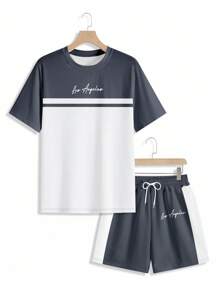 Manfinity Homme Men's Contrast Color Letter Print T-Shirt & Shorts 2 Piece Set  Los Angeles Two Piece Set - Multicolor - View 3