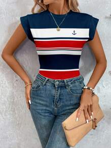 Sylviya 休闲简约学院风，复古印花，航海条纹图案，海军风小Logo印花女式连体衣，适合春夏度假穿着 - 彩色 - 查看 3