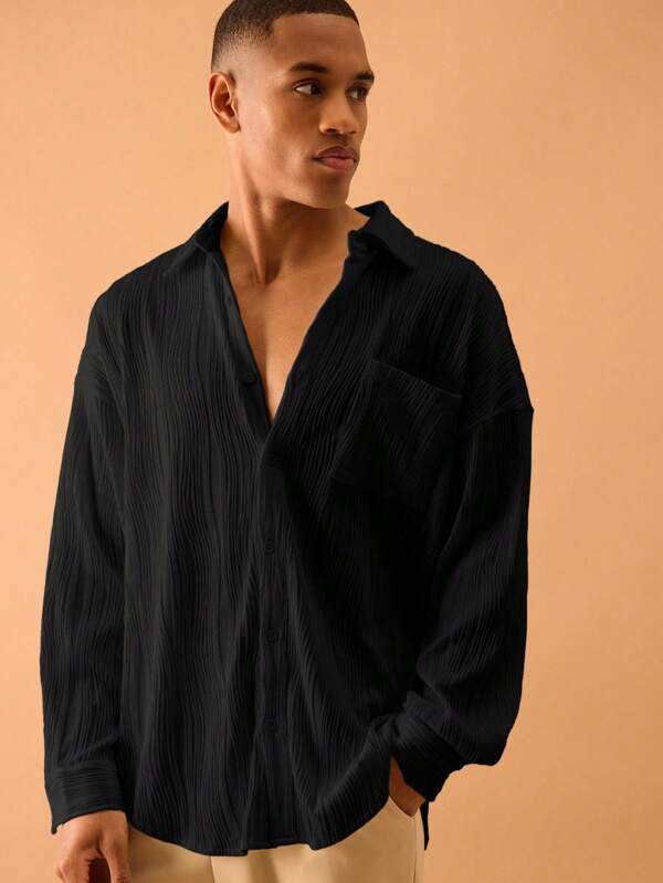 Musero Textured Plisse Long Sleeve Button Through Shirt Summer Streetstyle Vacation Casual