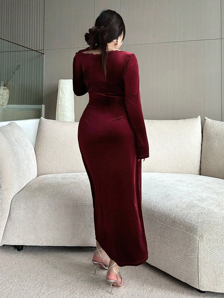 Dazy Plus Valentine Christmas Plus Size Women's Asymmetrical Hem Lace & Velvet Patchwork Long Sleeve Dress, Wine Red, For Party Fall/Winter Prom Dress, New Year Elegant Women Dress