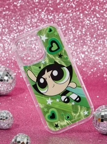 THE POWERPUFF GIRLS X SHEIN Durable And Fashionable Mobile Phone Case, Four-Sided Thick Airbag Anti-Drop, Buttercup Pattern Chiffon Protective Cover Design, Compatible With IPhone 11 - 17 Pro Max ,Y2K - Green - View 2