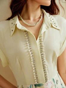 Omancia New Autumn Elegant Silk Linen Nail Beads Rhinestone Lapel Shoulder Short Sleeve Shirt Print Hip-Wrapped Dress Suitable For Festivals, Back To School, Teacher's Dress, Halloween, Thanksgiving - Yellow - View 5