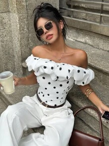 INAWLY Áo nữ thời trang in họa tiết chấm bi một bên vai nhún bèo - trắng - Xem 1