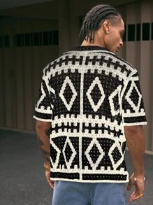 AXEPEAK 男士几何图案镂空短袖单排扣针织上衣