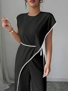 女式夏季时尚撞色镶边阔腿连体裤 - 黑色 - 查看 6