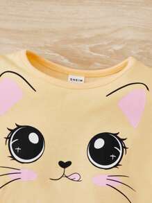 SHEIN Kleine Mädchen Schönes mehrlagiges Tutu-Kleid mit Farbblock-Print und Katzenillustration