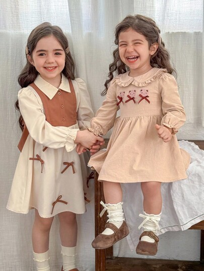 LMoss Kids LMoss Baby Girl Casual Woven Teddy Bear Pattern Peter Pan Collar Dress