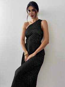 Firerie Damen Neuer Stil Gold Plissee/Asymmetrischer Saum Kleid, Gold Einschulter Kleid, Brautjungfern Kleid für Hochzeitsfeier, geeignet für Strandurlaub, Gartenfest, romantische Hochzeitssaison, Brautjungfer, Outdoor-Aktivitäten/Sommeroutfits/Abschlussballkleid/Urlaubsoutfits/Partys