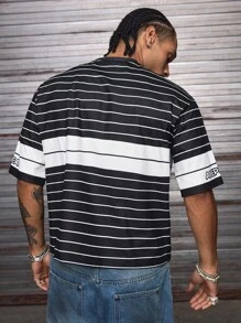 AXEPEAK 男士日常休闲时尚条纹上衣宽松圆领短袖T恤 - 黑色 - 查看 2