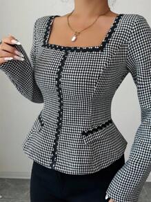 Selianne 淑女织就优雅浪漫的方领衫 - 黑色 - 查看 3