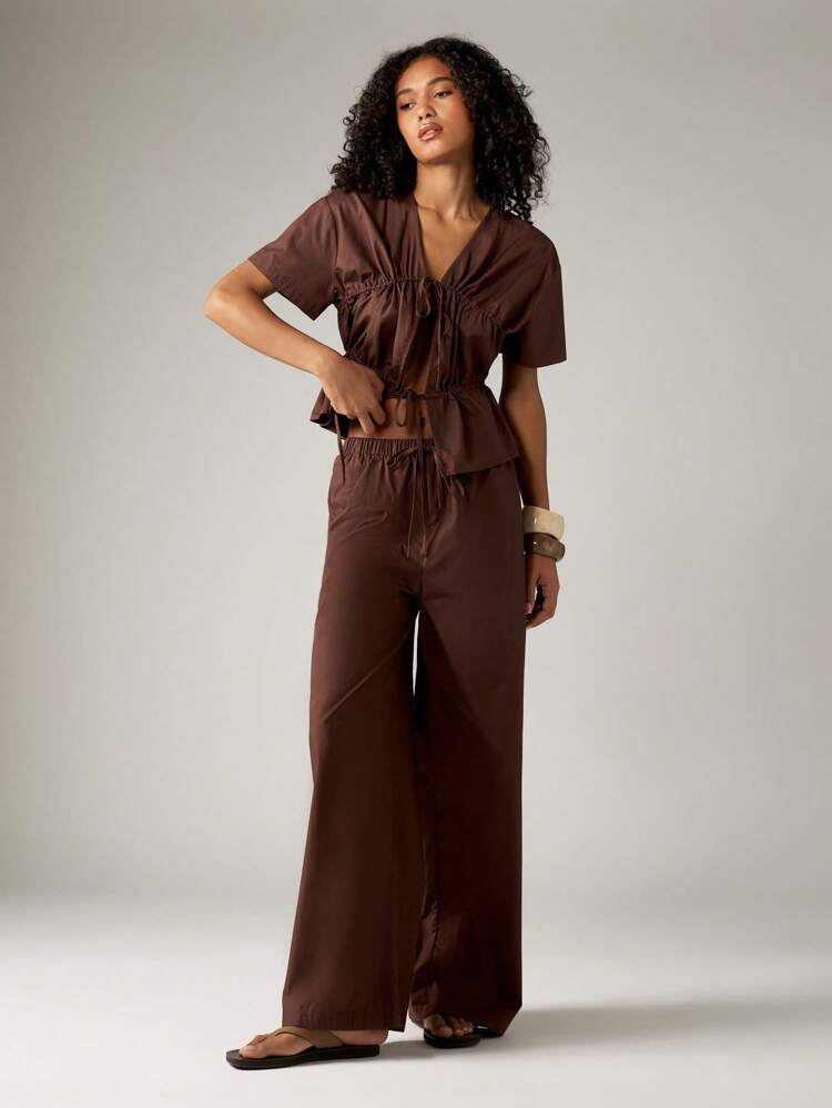 Gathered Front Crop Top With Wide Leg Pants