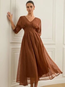 Aveloria Rosie 时尚优雅简约 V 领褶腰 3/4 袖亚麻中长连衣裙，适合通勤