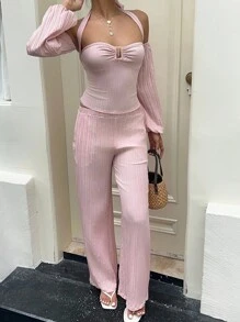 Sunnyshic 女士休闲度假针织露肩长袖上衣和阔腿裤两件套，秋冬 - 彩色 - 查看 4
