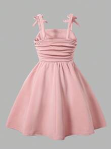 SHEIN Tween Girl Bow Strap Pleated Elegant Dress - Dusty Pink - View 2