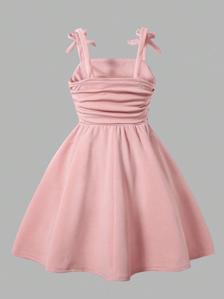 SHEIN Tween Girl Bow Strap Pleated Elegant Dress - Dusty Pink - View 2