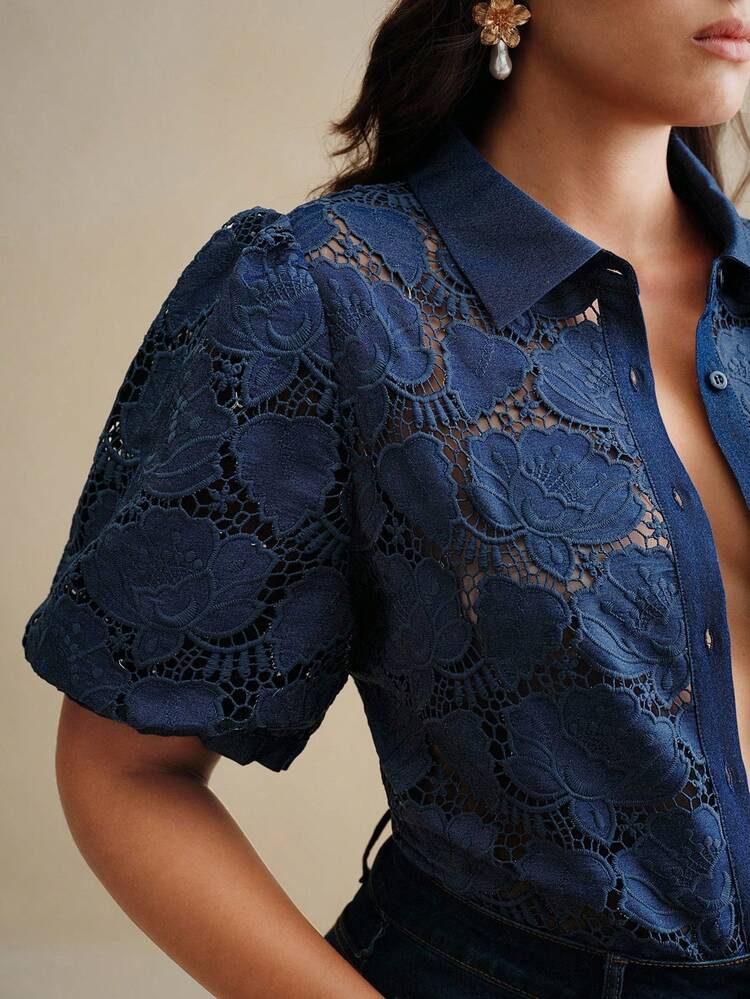 Plus Size Women's Vintage Elegant Hollow Out Embroidered Sheer Short Sleeve Blouse
