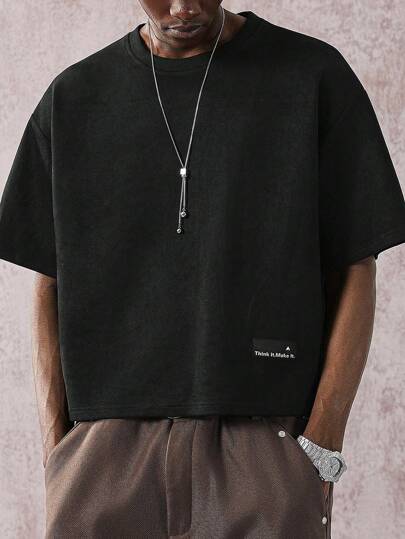 STYNVO 男士夏季纯色圆领短袖休闲宽松T恤，宽松落肩廓形T恤，街头风，短款宽松版型，黑色圆领T恤，春夏秋冬