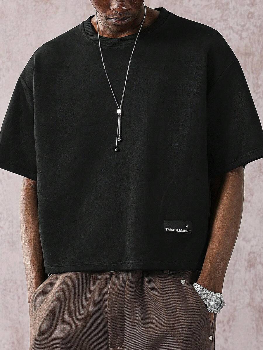 STYNVO 男士夏季纯色圆领短袖休闲宽松T恤，宽松落肩廓形T恤，街头风，短款宽松版型，黑色圆领T恤，春夏秋冬 - 黑色 - 查看 1