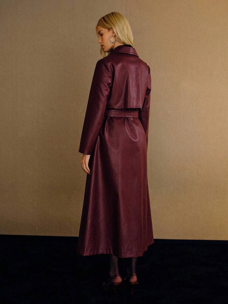 PU LEATHER BELTED DOUBLE BREASTED TRENCH COAT