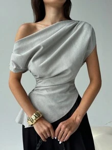 Aloruh New Minimalist Fashion Versatile Gray Asymmetrical Neck Pleated Decor Cinched Waist Pullover Fitted Short Sleeve Blouse