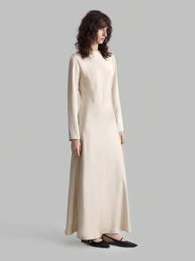 Ontre Váy công sở đa năng, thiết thực mới 2025 dành cho nữ, cổ tròn tay dài bằng vải satin, váy suông màu trơn thanh lịch, trang phục công sở thường ngày, phong cách cổ điển nhẹ nhàng, thời trang sân bay đi làm chất lượng cao - trắng - Xem 7