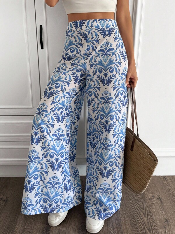 EURMUSE Women, Spring, Summer, Multicolor, White, Blue, Pocket, Wide Leg, Happy, Weekend , Casual Long Pants
