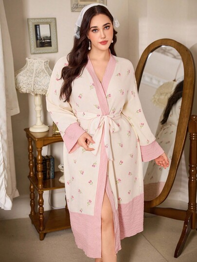 CottageSlumber CottageSlumber Plus Size Women's Tulip Print Colorblock Robe, Fall