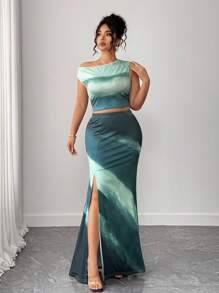 Elenzga Halloween Plus Size Women's Tie-Dye Asymmetric Collar Cropped Top And Bodycon Mini Skirt 2 Pieces Set, Suitable For Vacation - Multicolor - View 5