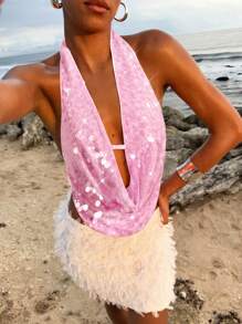 Opulessa 女式纯色亮片面料垂坠领衬衫 - 粉色 - 查看 5