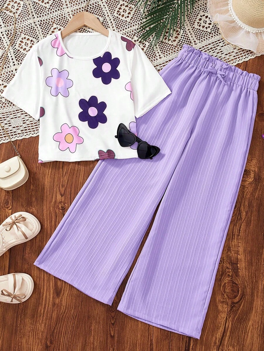 SHEIN 女童度假休闲碎花宽松T恤+梭织纹理宽松裤套装 - 紫色 - 查看 1